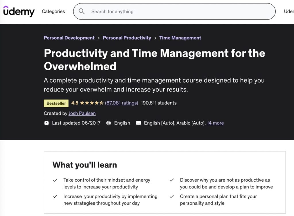 Udemi Productivity and time management for the overwhelmed course