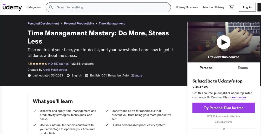 Udemi Time Management Mastery course