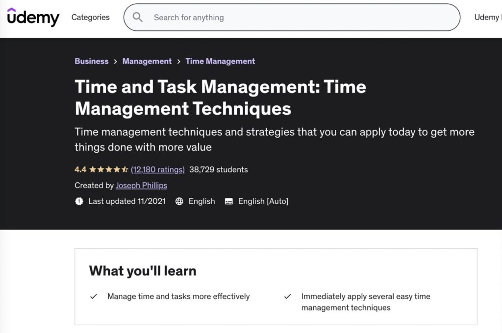 Udemi Time Management Techniques course