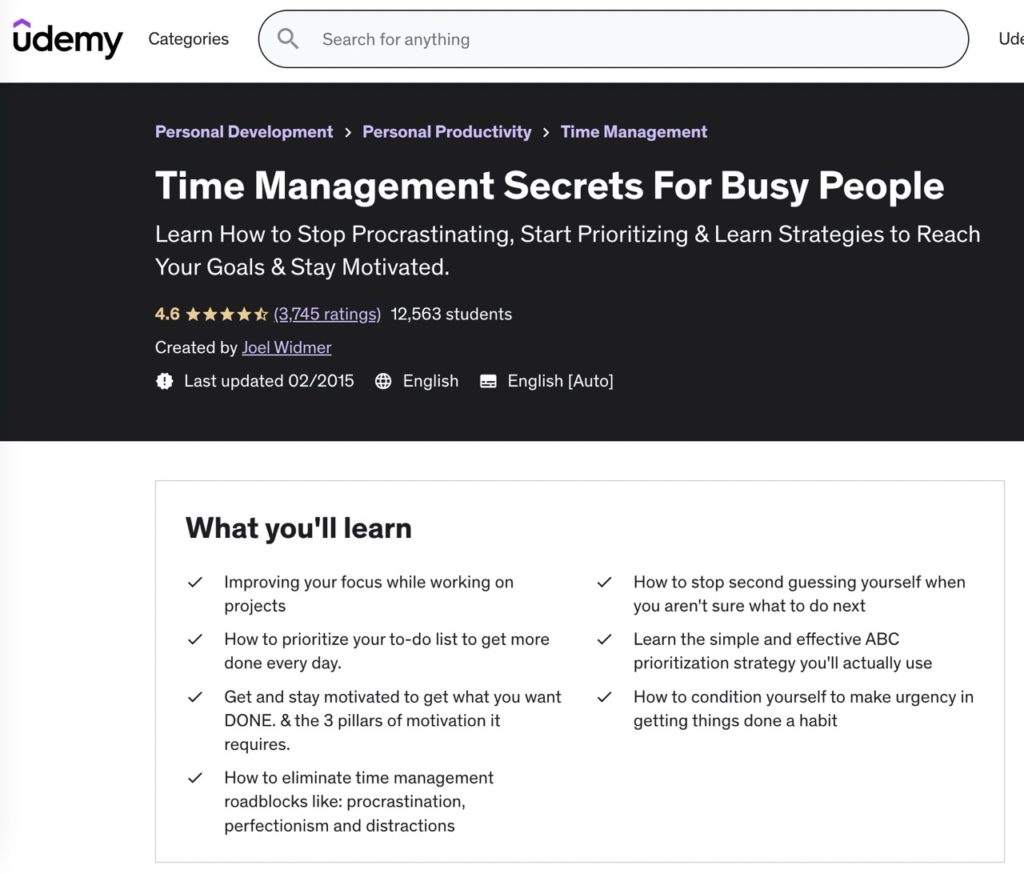 Udemi Time Management for busy people