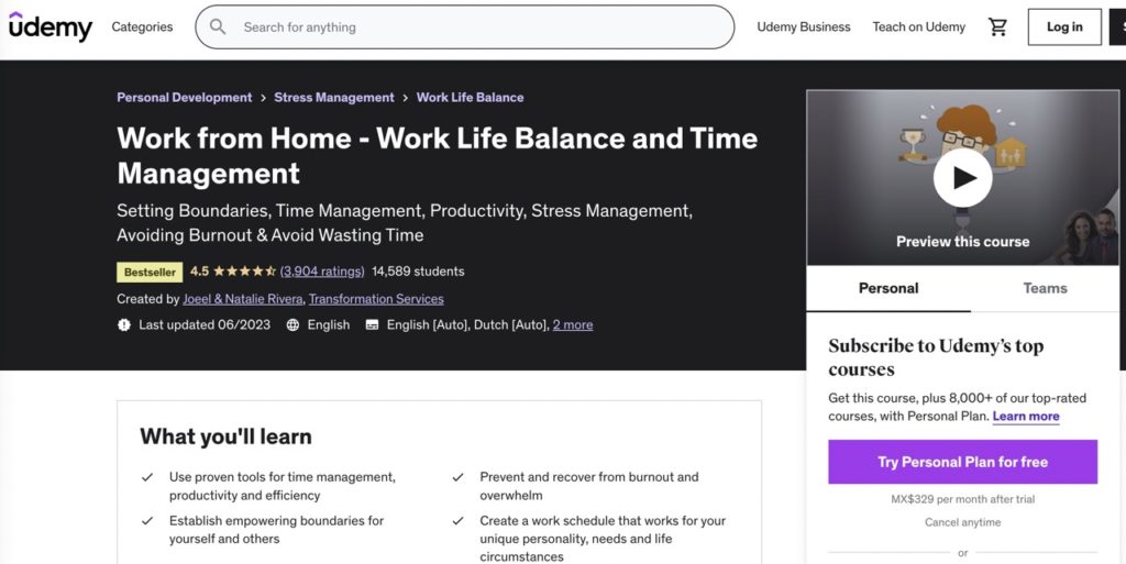 Udemi work life balance and time management course